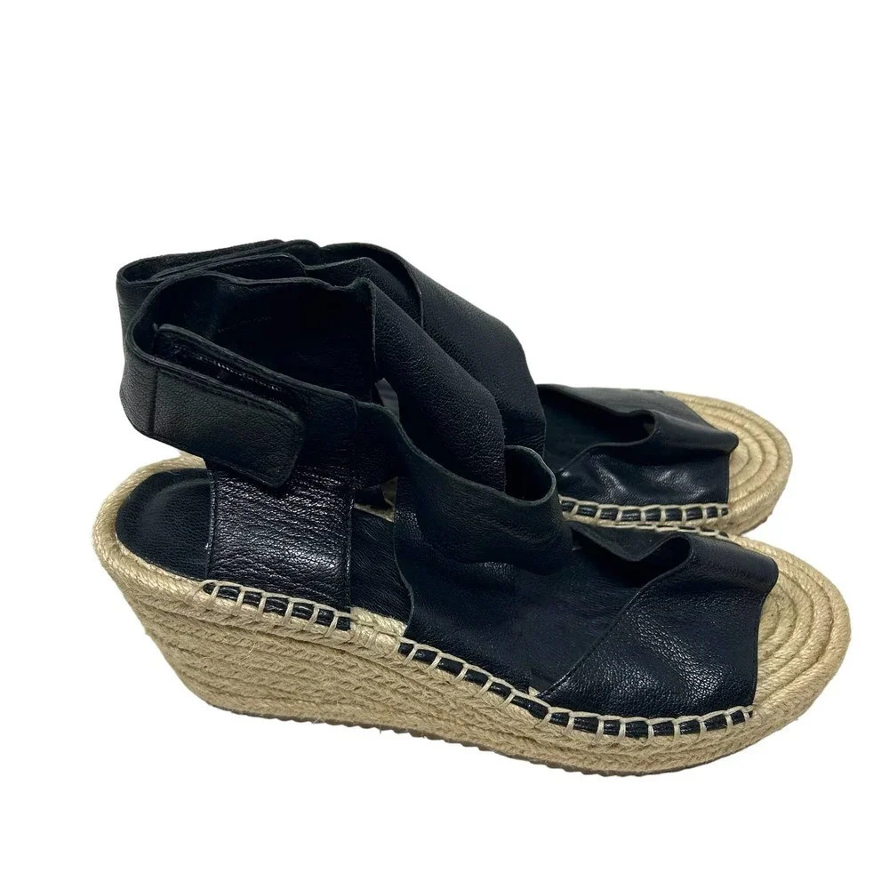 Eileen Fisher Willow Espadrille Wedge Sandal Black Leather Size 6